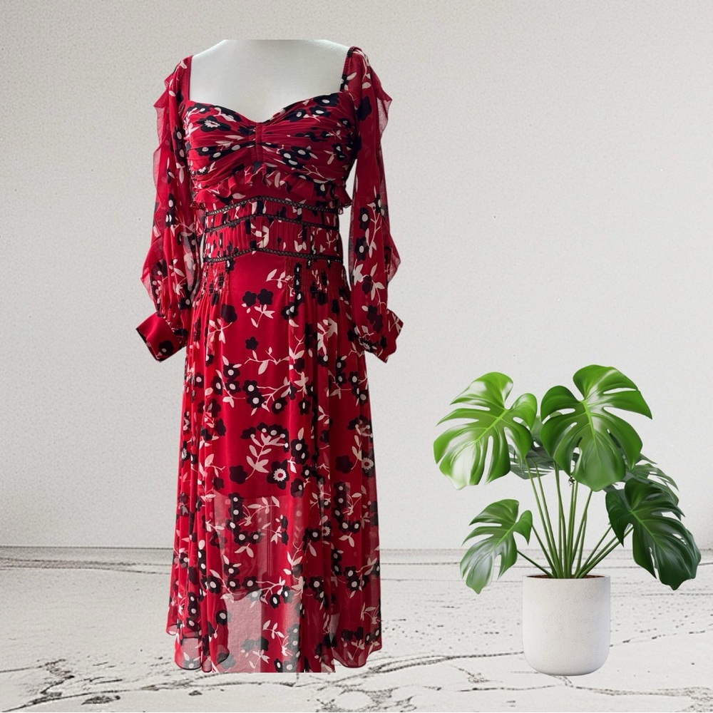 Self-Portrait‎ Romantic Floral Off-Shoulder Red Ruffle Tiered Midi Dress Size 4